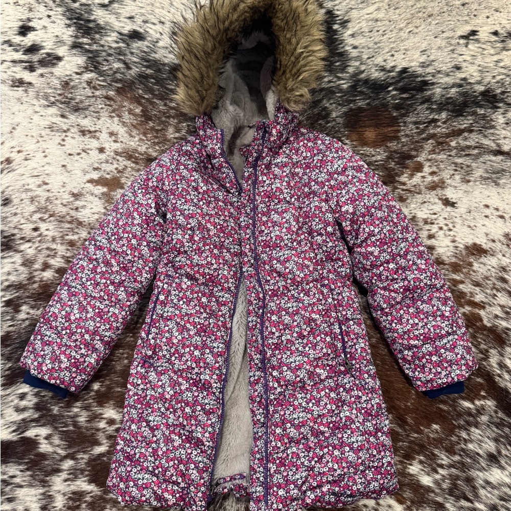 Lands' End Kids Floral Puffer Coat - Purple and White